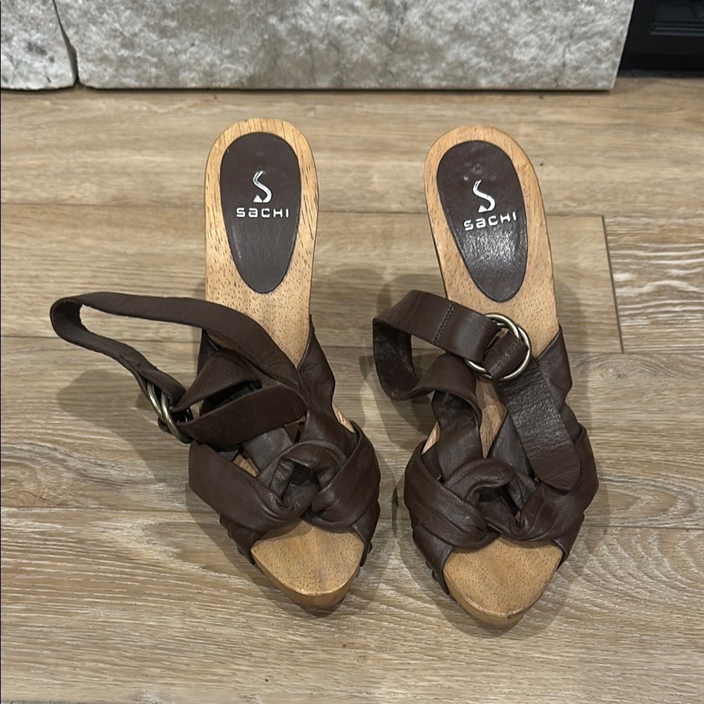 Sachi Women's Open Toe Clog Brown Leather Sandals